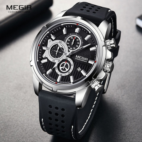 MEGIR Army Sports Quartz Watches Men Chronograph Silicone Strap Wristwatch Luxury Top Brand Relogios Mascuoino Clock 2101 Silver ► Photo 1/6