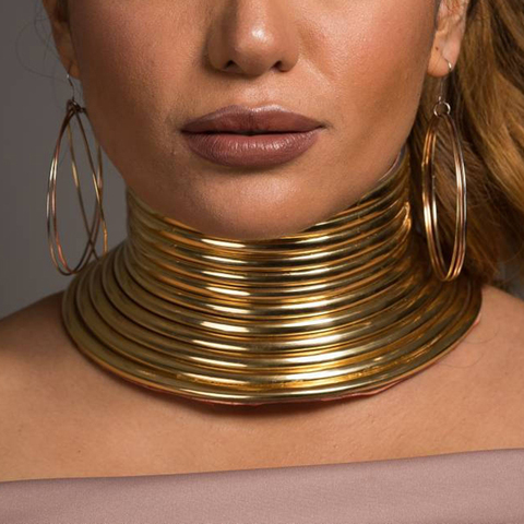 Vintage Statement Choker Necklace For Women African Jewelry Gold Color Leather Maxi Big Collar Necklace Adjusted UKNE ► Photo 1/6