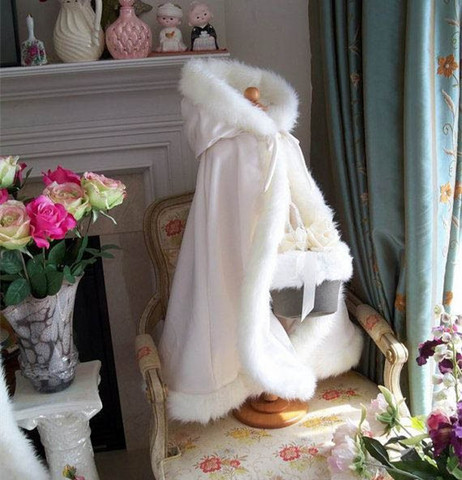 Floor Length Hooded Kids Cape Wedding Cloaks Faux Fur Jacket For Winter Kid Flower Girl Shrug dress ► Photo 1/6