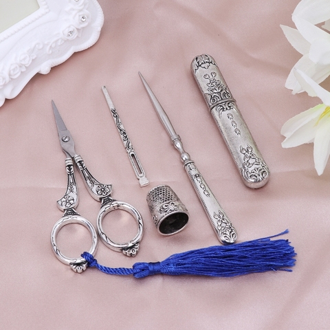 1 Set Vintage Embroidery Scissor Needle Case Sewing Thimble Awl Needlework Tools ► Photo 1/6