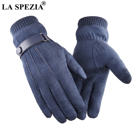 LA SPEZIA Men Gloves Winter Touch Screen Suede Gloves With Belt Navy Blue Casual Thermal Male Thick Leather Gloves Man Windproof ► Photo 1/6