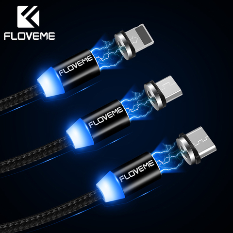 FLOVEME 360 Degree 3 in 1 Magnetic Cable For iPhone X 8 Lighting Micro USB Type-C LED Nylon Braided Wire Magnet Charger Cable C ► Photo 1/1