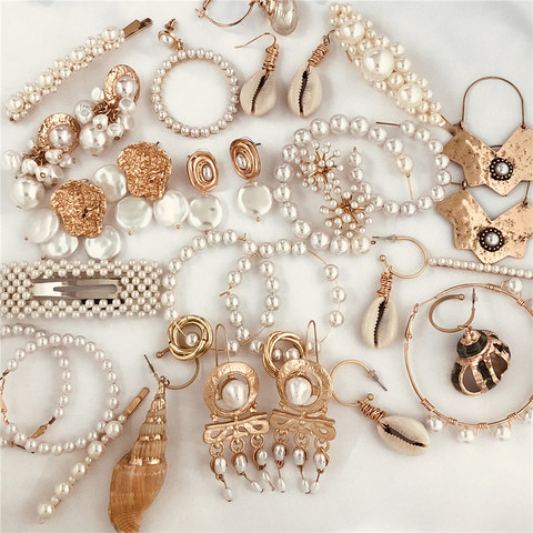 FASHIONSNOOPS New Sea Shell Pendant Earrings Gold Statement Earrings For Women Weddings Party Pearl Geometric Jewelry Gift ► Photo 1/6