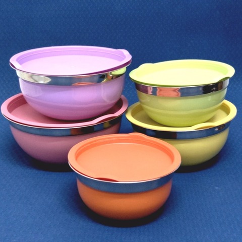 5Pcs Colorful Coating Stainless Steel Mixing Bowls with Lids, Set of 5 (00297) ► Photo 1/6