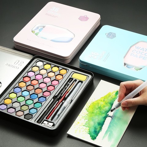 High Quality 36 Colors Portable Travel Solid Pigment Watercolor Paints Set With Watercolor Brush Pen For Painting Art Supplies ► Photo 1/6