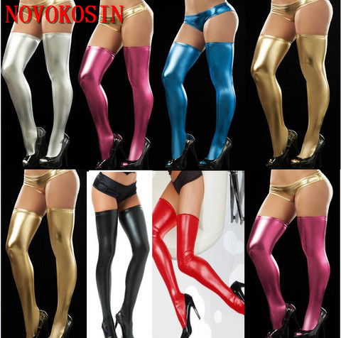 KH13 Lady Pole Dance Stocking 2022 Faux leather Clubwear Micro Mini Latex Silver Gold Blue Women Stockings Thigh with G String ► Photo 1/6