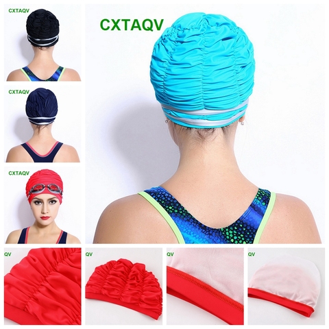 Wholesale Double Material High Stretchy Pleated Swimming Pool Hat Women Long Hair Ear Protection High Grade Nylon Swimming Cap ► Photo 1/6