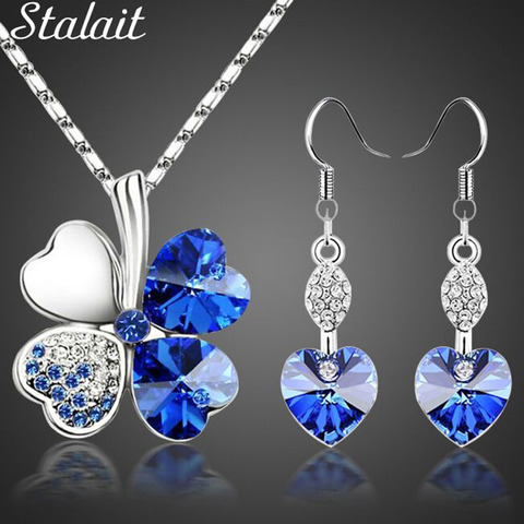 11.11 Sales Everyday Jewelry Set Lucky Silver Color Clovers Necklace Heart Austrian Crystal Earrings Fashion Necklace Set ► Photo 1/6