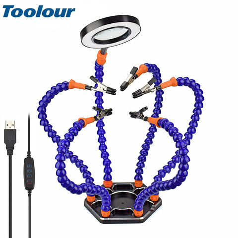 Toolour Helping Hands Third Arm Soldering Work Station 6 Flexible Arms with Precision 360 Degree Alligator Clip USB 3X Magnifier ► Photo 1/6