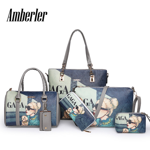 Amberler High Quality PU Leather Women Handbags 6 Pieces Set Printed Shoulder Bag Ladies Crossbody Bags Large Capacity Tote Bags ► Photo 1/6