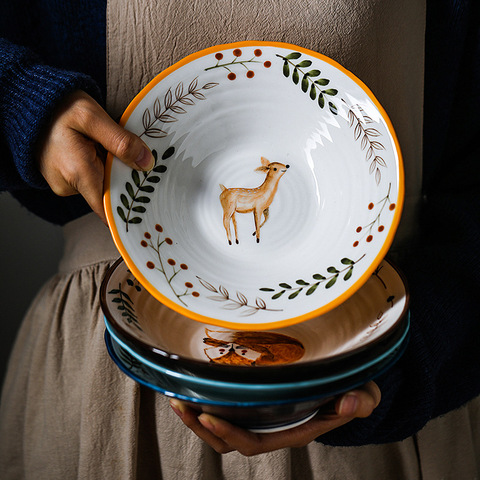 8 inch Ceramic Bowl Noodle Bowl Forest Animal Design Large Bowl Creative Restaurant Household Flower Bowl ► Photo 1/6