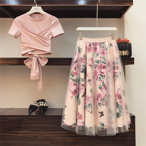 HIGH QUALITY Women Irregular T Shirt+Mesh Skirts Suits Bowknot Solid Tops Vintage Floral Skirt Sets Elegant Woman Two Piece Set ► Photo 1/6