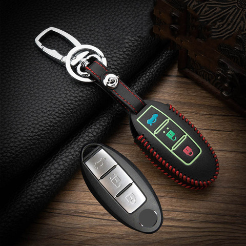 Hand sewing Luminous Leather Car Key Case Cover For Nissan Tidda Livida X-Trail T31 T32 Qashqai March Juke Pathfinder Keychain ► Photo 1/6