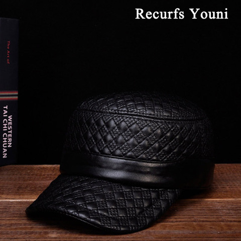 RY128 NEW 2022 Winter Man Genuine Leather Embroider Flat Hat For Men Male Glen Check Alternate Stripe Black Leisure Caps ► Photo 1/6