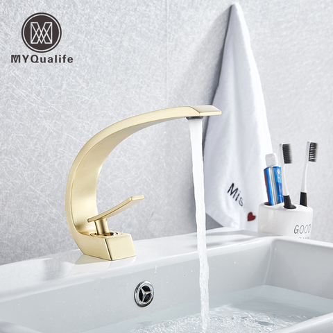 MYQualife Creative Design Brushed Gold Basin Faucet  Washing Basin Mixer Deck Mounted Cold and Hot Bathroom Faucet ► Photo 1/5