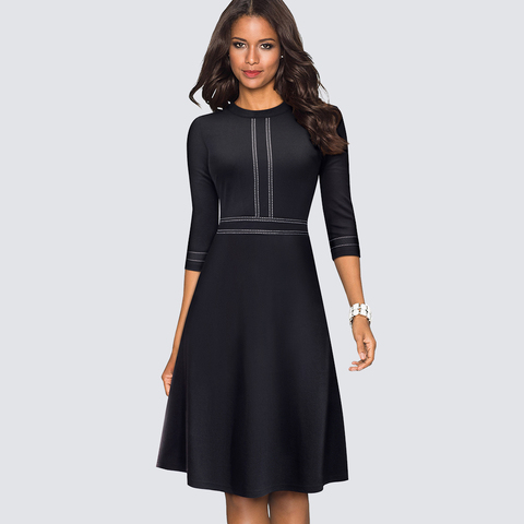 Women Vintage Swing Office A-Line Party Elegant Patchwork Skater Black Dress HA135 ► Photo 1/6