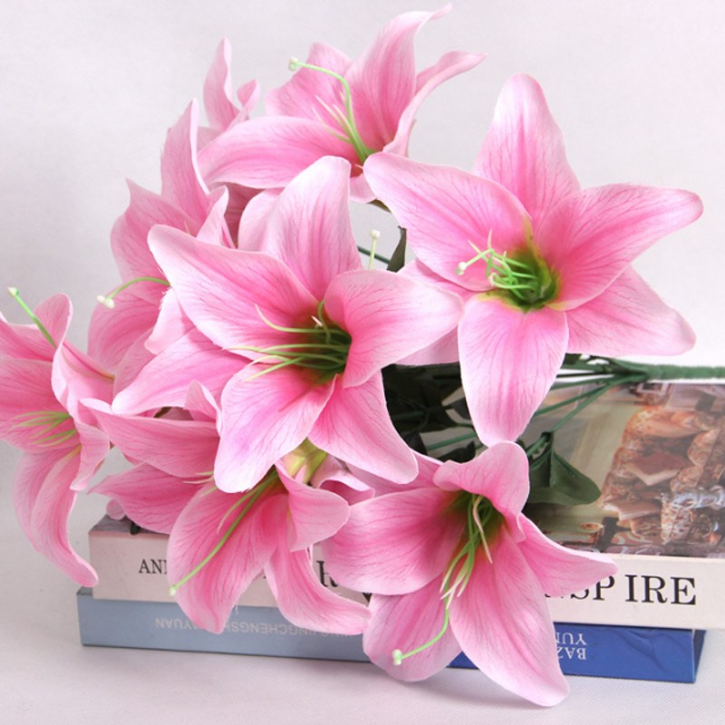 Artificial 10 Heads Silk Lillies Flowers Bouquet Wedding Party Decor Fine New