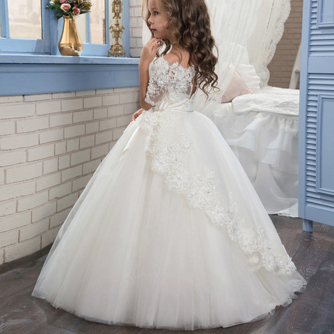 Flower Girl Dresses Formal Lace Sleeveless Ball Gown O-neck Beading First Communion Dresses for Girls Vestidos Longo New Arrival ► Photo 1/6