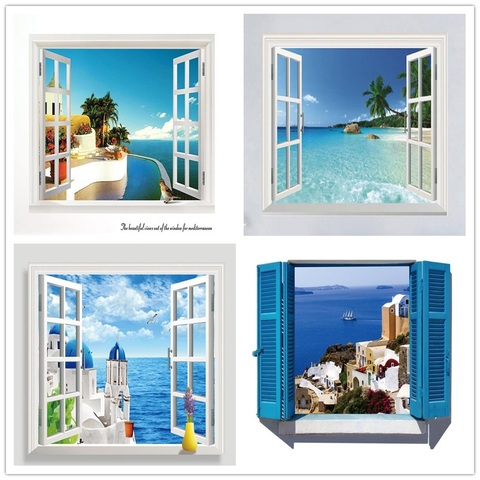3D Removable Beach Sea 3D Window Scenery Wall Sticker Home Decor Decals Mural Waterproof Art Wall Paper Poster ► Photo 1/6