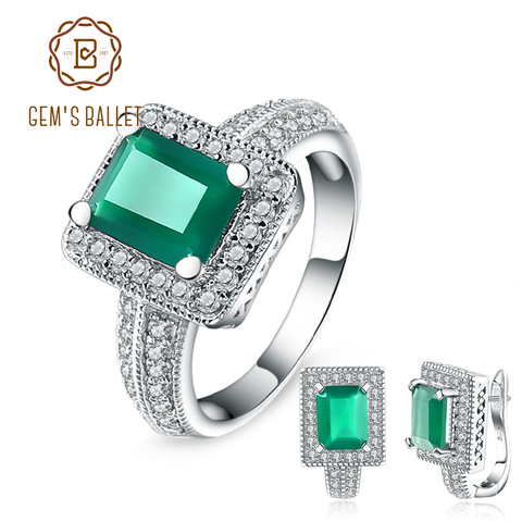 GEM'S BALLET 6.15Ct Emerald Cut Natural Green Agate Vintage Jewelry Set Pure 925 Sterling Silver Earrings Ring Set sieraden sets ► Photo 1/6