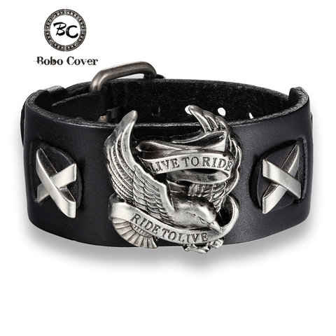 Bobo Cover Punk Style Male Rider Eagle Genuine Leather Bracelet Ride to live Charm bracelets & bangles For Men pulseira de couro ► Photo 1/6