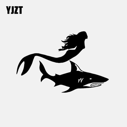 YJZT 15.8CM*10.5CM Vinyl Decal Car Sticker Mermaid Girl with Shark Fish Sea Ocean Black/Silver C24-0851 ► Photo 1/6