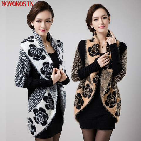 Back Long Knitted Printed Shawl Open Stitch Jacquard Sweater 2022 Fashion Women Soft Faux Fur Turn Down Collar Thick Cardigans ► Photo 1/6