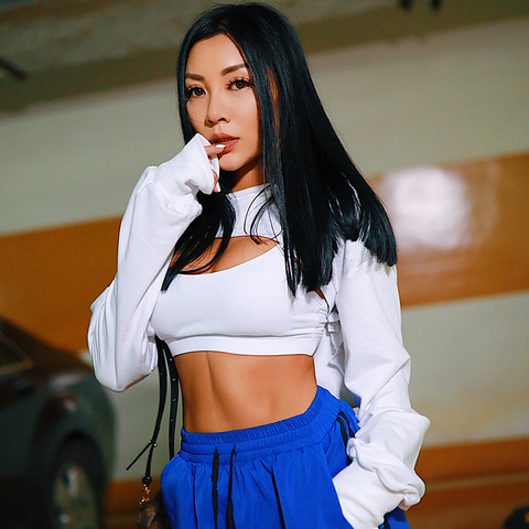 Women Long sleeve crop top slim breathable bare midriff Fitness