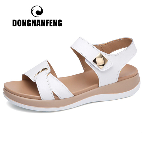 DONGNANFENG Women Female Ladies Mother Genuine Leather Shoes Sandals Flats Soft Hook Loop Korean Bling Summer Beach NM-1003-1 ► Photo 1/6