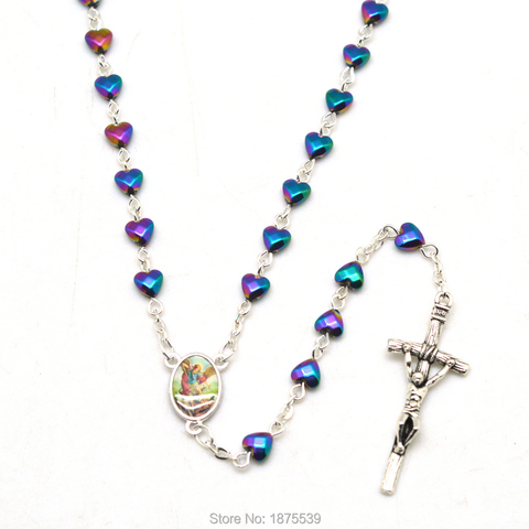 Beautiful St Michael Rosary Heart Shape Hematite Beads Necklace ► Photo 1/3