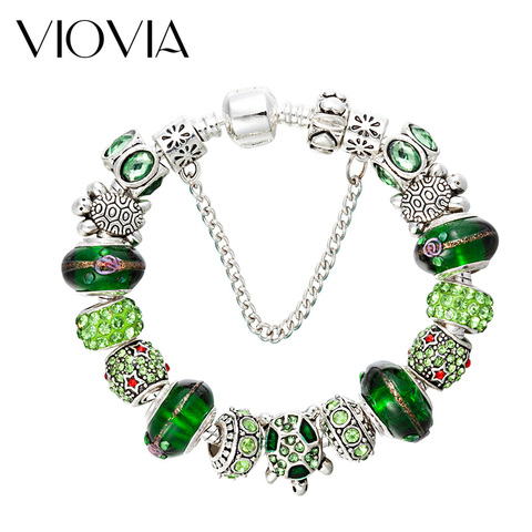 VIOVIA Hot Selling Jewelry Antique Sea Turtles Charm Bracelet Bangle Green Glass European Beads Bracelets for Women Gifts B17051 ► Photo 1/5