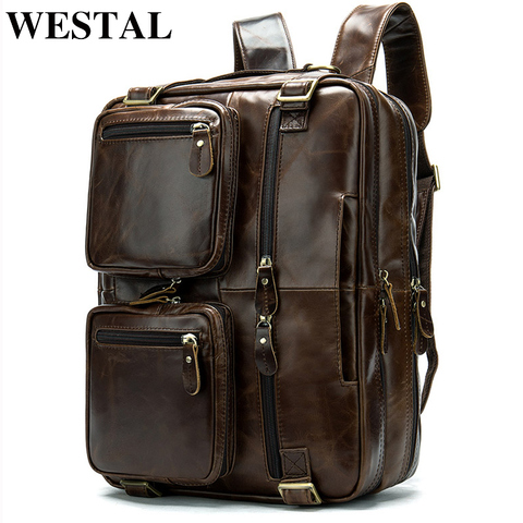 WESTAL 100% Genuine Leather Men Backpack School Bags for Teenager Large Travel Backpacks for Laptop backpack mochila notebook 43 ► Photo 1/6