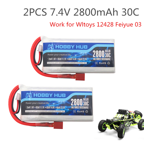 2PCS Hobby Hub Lipo Battery 2s 7.4V 2800mAh 30C Max 60C For Wltoys 12428 feiyue 03 Q39 upgrade parts vs 2700mah ► Photo 1/3