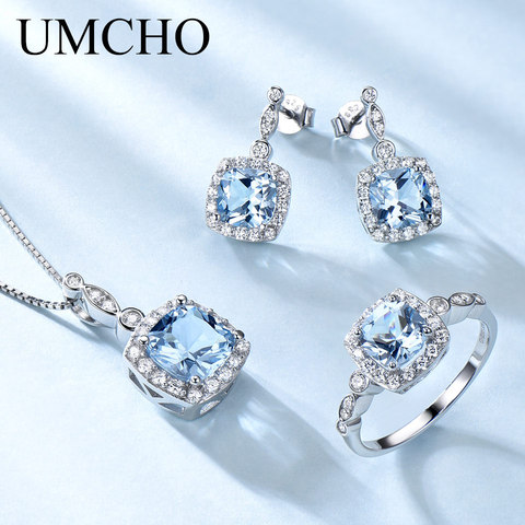 UMCHO 925 Sterling Silver Jewelry Set Sky Blue Topaz Ring Pendant Stud Earrings For Women Wedding Valentine's Gift Fine Jewelry ► Photo 1/6