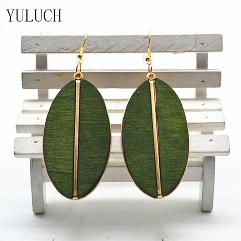 2017 New Design Woman's Earrings Fashion Design Handmade Wood Lady African Style Metal Material Inlaid Wood Green Dangler ► Photo 1/5