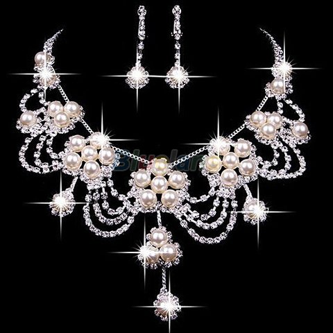 2022 New fashion Sliver Plated Rhinestone Crystal Faux Pearl Necklace+Earring Jewelry Set For Bride Bridal Wedding A7UR ► Photo 1/1