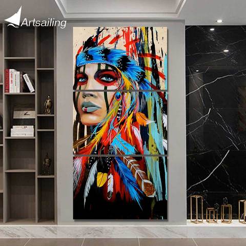 HD printed 3 piece canvas art Painting tribe feather warrior decoration pictures for living room American art Poster NY-5786 ► Photo 1/6