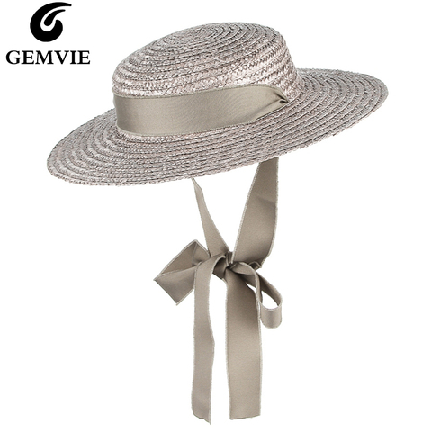 GEMVIE Brim Flat Top Straw Hat Summer Hats For Women Ribbon Beach Cap Boater Fashionable Sun Hat With Chin Strap ► Photo 1/6