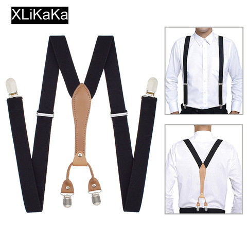Men Black Suspenders Belt with Leather Polyester Elastic Clip-on Braces ► Photo 1/6