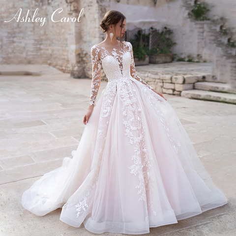 Ashley Carol Long Sleeve Princess Wedding Dress 2022 Tulle Bride Dresses Chapel Train Appliques Bridal Gowns Vestido De Noiva ► Photo 1/6