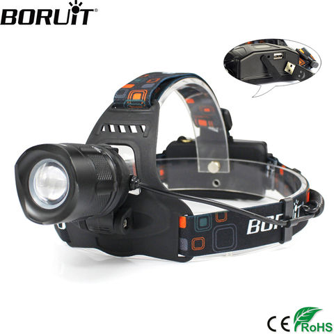 BORUiT RJ-2157 XM-L2 LED Headlamp 3000LM 5-Mode Zoom Headlight Rechargeable 18650 Power Bank Waterproof Head Torch for Camping ► Photo 1/6