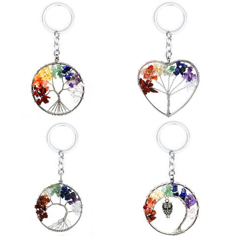 Natural Crystal Stone 7 Chakra Round Tree of Life Pendant Handmade Keychains Key Ring Key Holder for Women Car Bags Accessories ► Photo 1/6