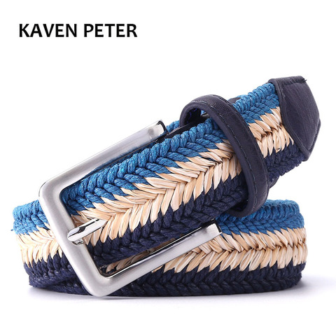 Unisex Plain Webbing Mens Boys Waist Belt Casual Braided Belt  With Wax Rope and Straw Pin Buckle Belt 1-3/8