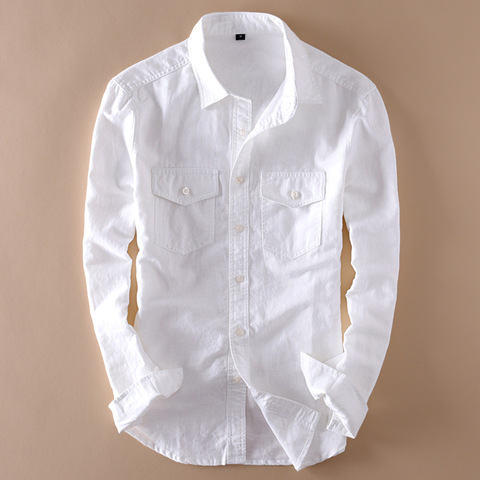 Brand 2022 Mens Long Sleeve Casual Linen Shirt Mens Social Turn-down Collar Slim 2 Pockets Solid White Designer Dress Shirts XXL ► Photo 1/6