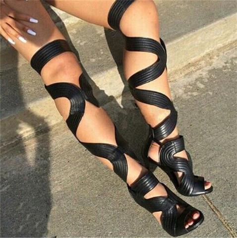 Sexy Open Toe Gladiator Sandals Women Boots Cut-Outs Lace Up Thigh High Boots High Heels Black Leather Shoes Woman Botas ► Photo 1/6