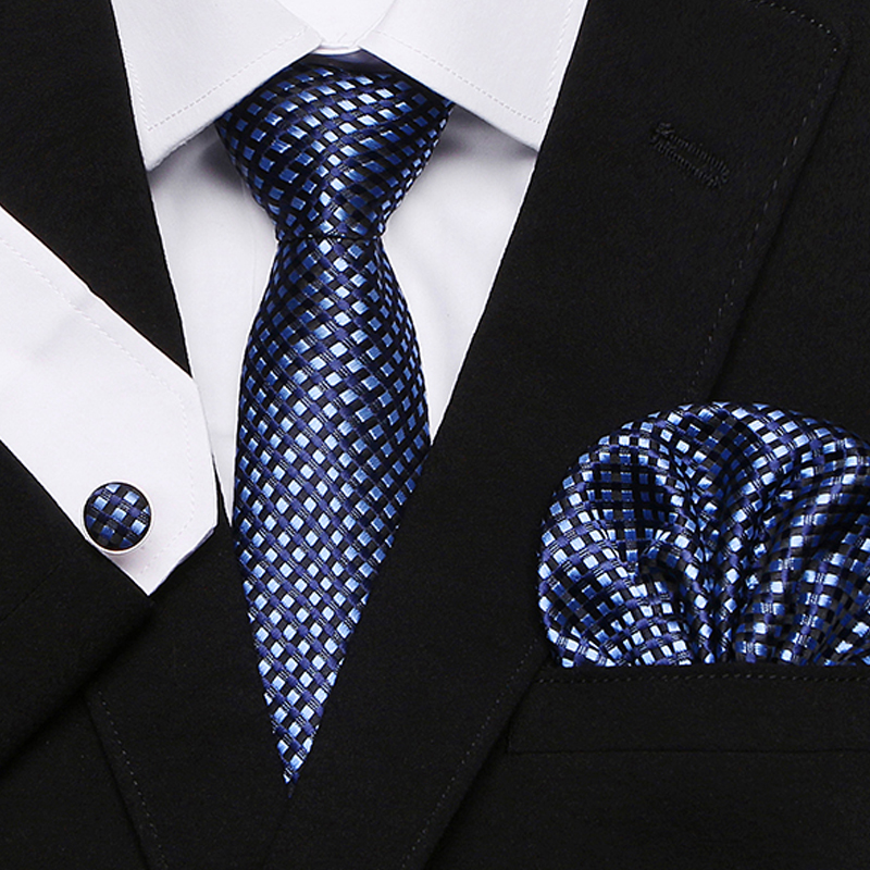 Dark Blue Plaid Classic Silk Necktie Tie Hanky and Cufflinks Set For Men 