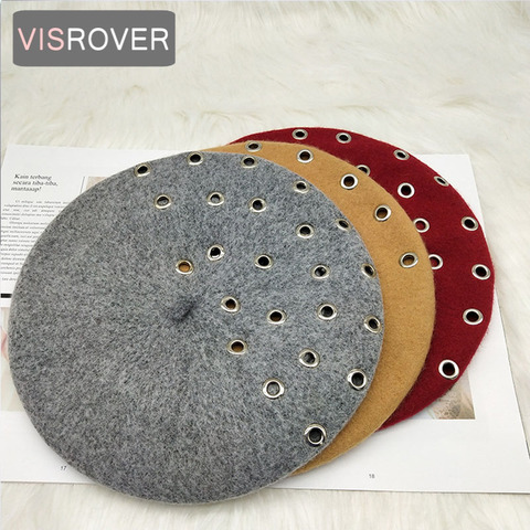 VISROVER hollow woman wool beret female knit wool cap spring autumn winter hat solid color top quality Women Boina wholesales ► Photo 1/6