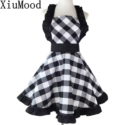 XiuMood Woman's Apron For Home Kitchen Cooking Dining Accessory Black And White Buffalo Plaid Retro Full Aprons Bib ► Photo 1/6