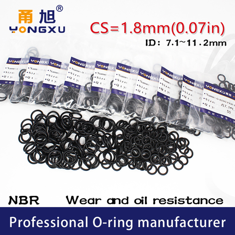 50PCS/lot Black NBR Sealing O-Ring CS1.8mm Thickness ID7.1/7.6/8/8.5/9/9.5/10/10.6/11.2*1.8mm O Ring Seal Rubber Gasket Washer ► Photo 1/6