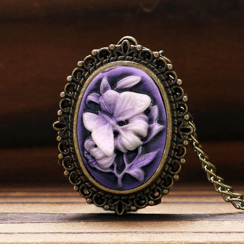 Retro Women's Purple Flower Butterfly Pattern Little Small Pocket Watch Necklace Pendant Fob Watch Birthday Gift for Lady Girls ► Photo 1/6